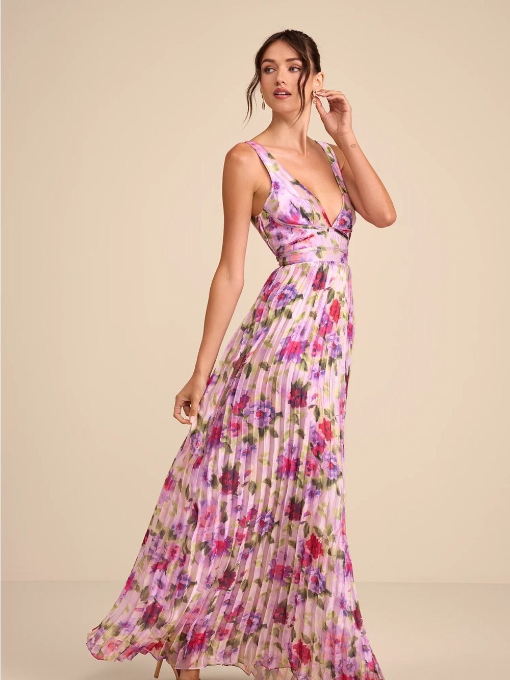 Lulus Morgana Pink Floral Satin Pleated Maxi Dress S NWT Wedding Guest